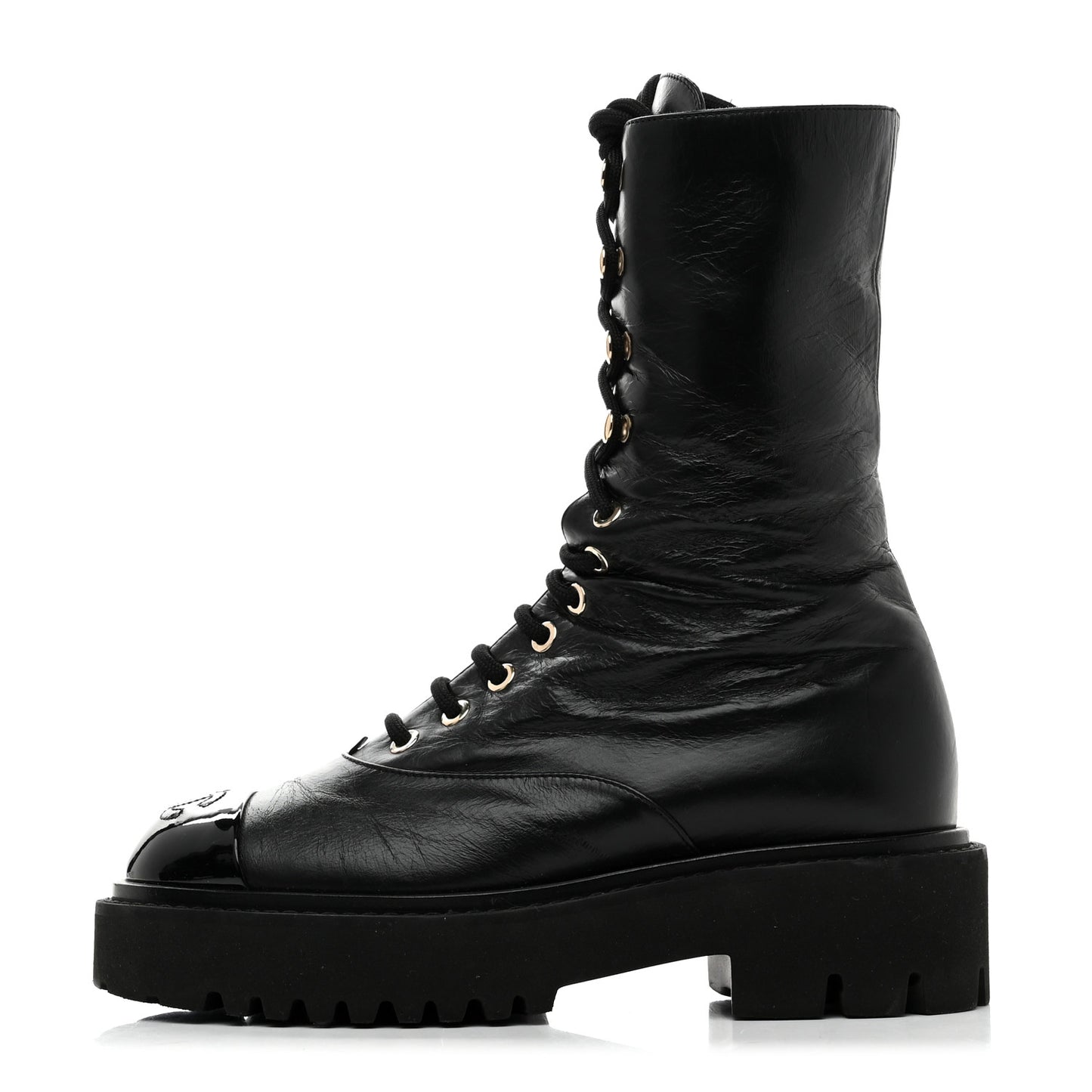 Crumpled Calfskin Patent Cap Toe Lace Up Combat Boots 35 Black