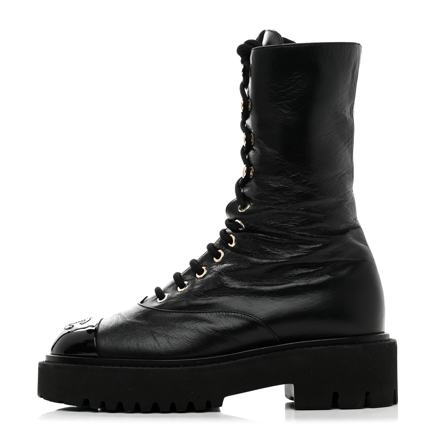 Chanel Crumpled Calfskin Patent Cap Toe Lace Up Combat Boots 35 Black 1 of 9