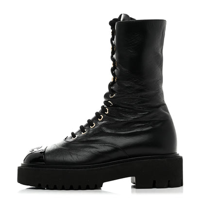 Chanel Crumpled Calfskin Patent Cap Toe Lace Up Combat Boots 35 Black 1 of 9