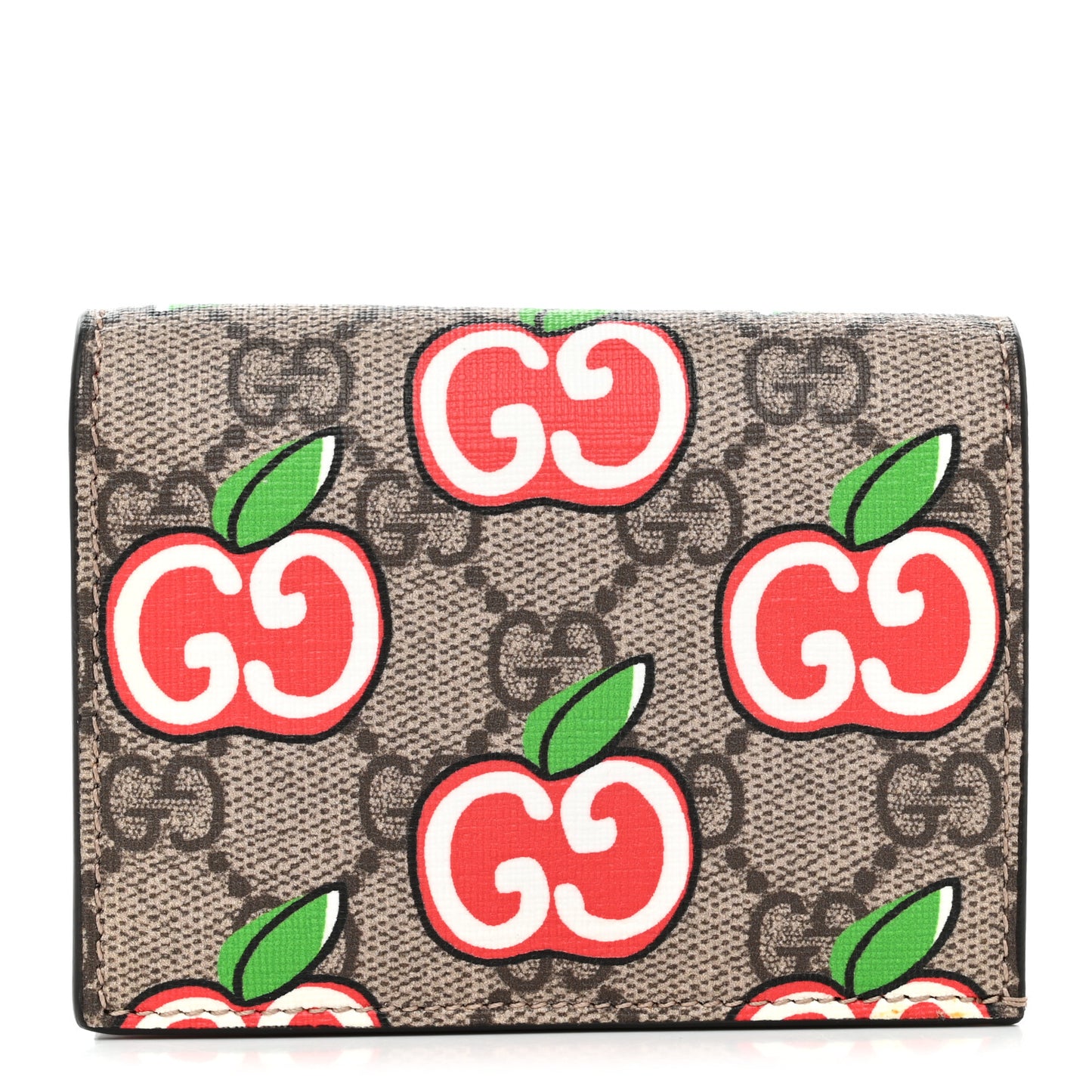 GG Supreme Monogram Apple Card Case Wallet Beige Multicolor Lobster Red