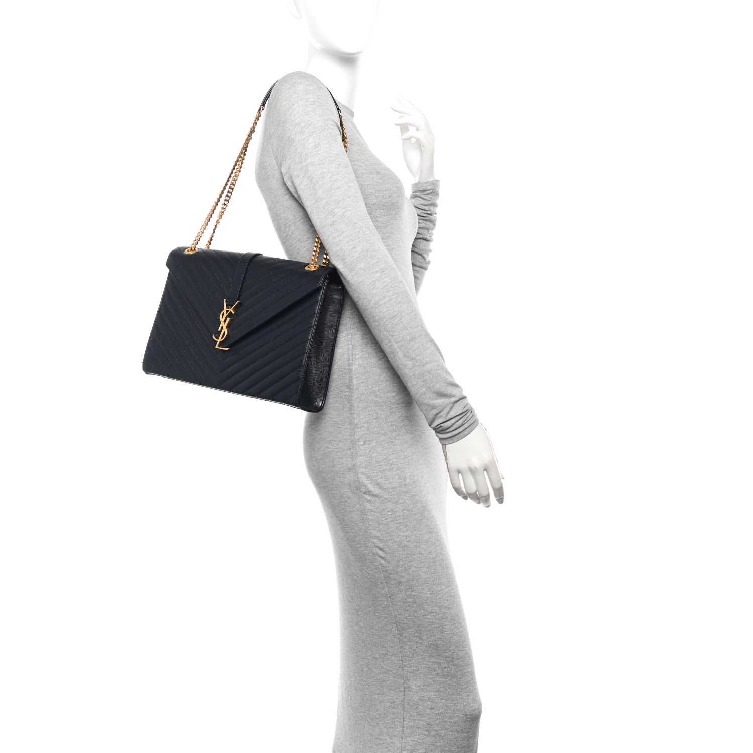 Saint Laurent Grain De Poudre Matelasse Chevron Large Monogram Satchel Navy Blue 2 of 11