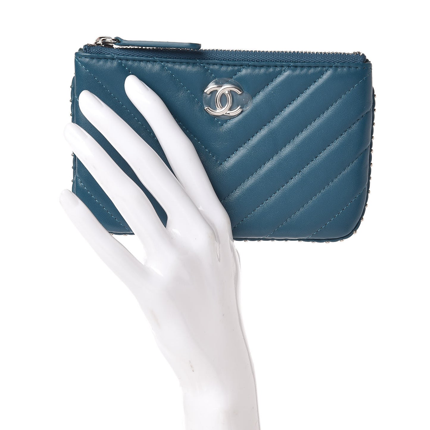 Lambskin Chevron Quilted Studded Small Cosmetic Case Blue