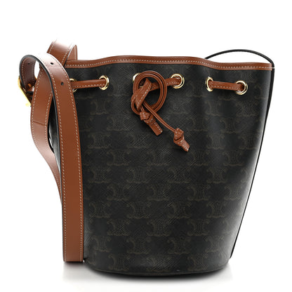 Celine Triomphe Canvas Calfskin Small Drawstring Bucket Bag Tan 1 of 10
