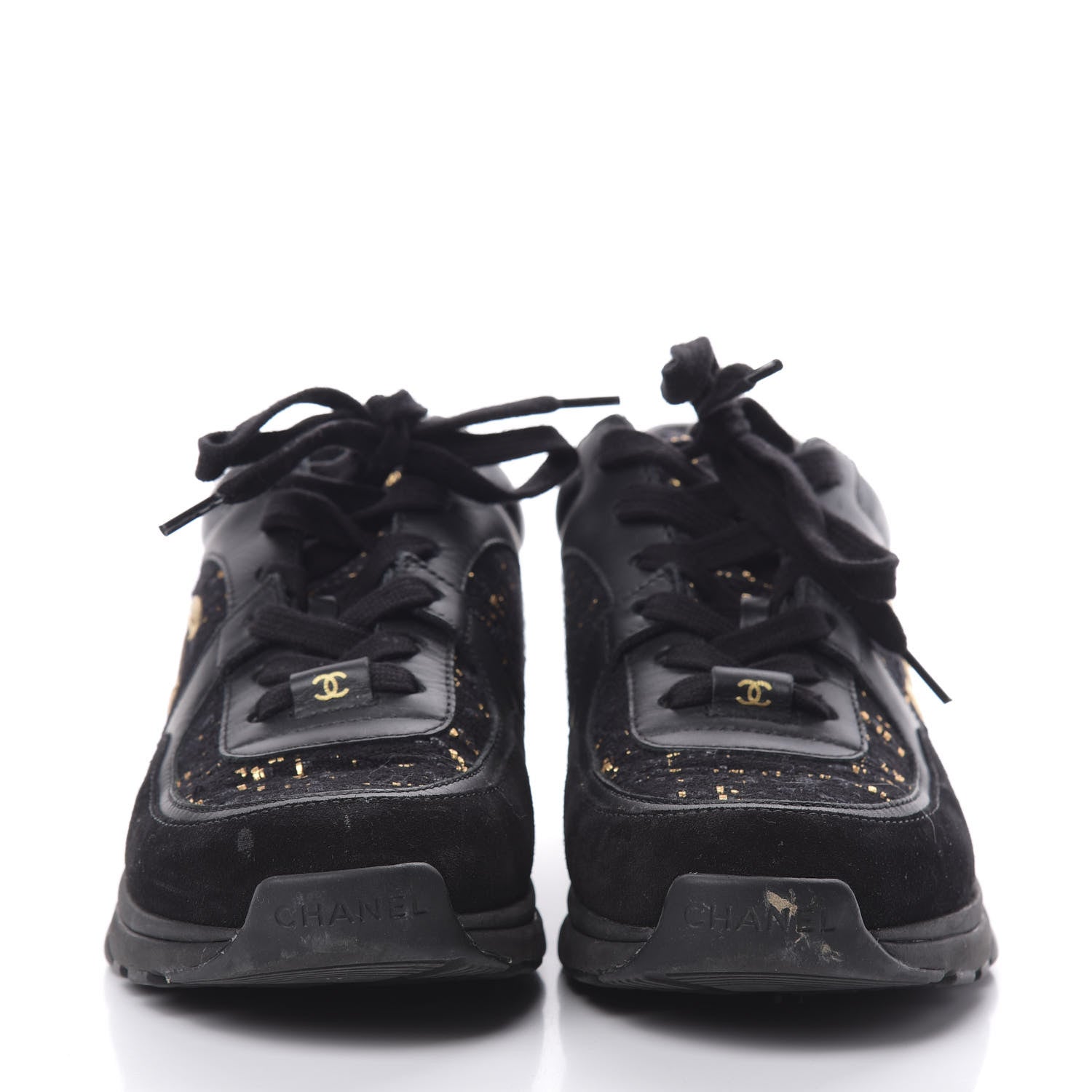 Chanel Velour Tweed CC Sneakers 37 Black Gold 2 of 11