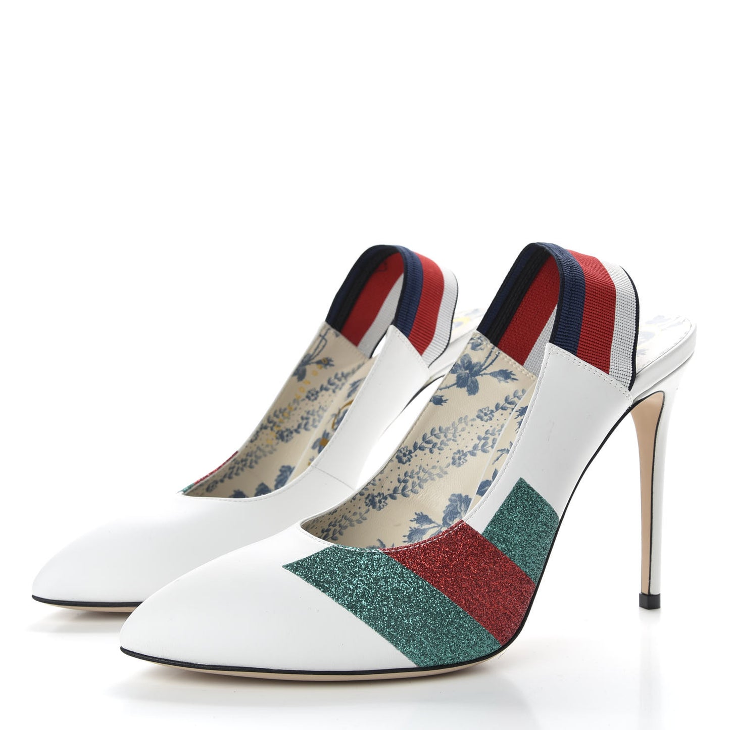 Calfskin Glitter Web High Heel Slingback Pumps 40.5 White