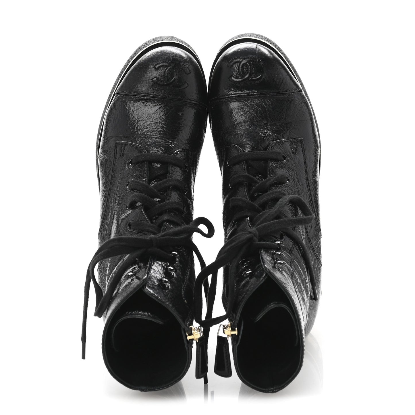 Shiny Crumpled Lambskin Lace Up Combat Boots 36.5 Black