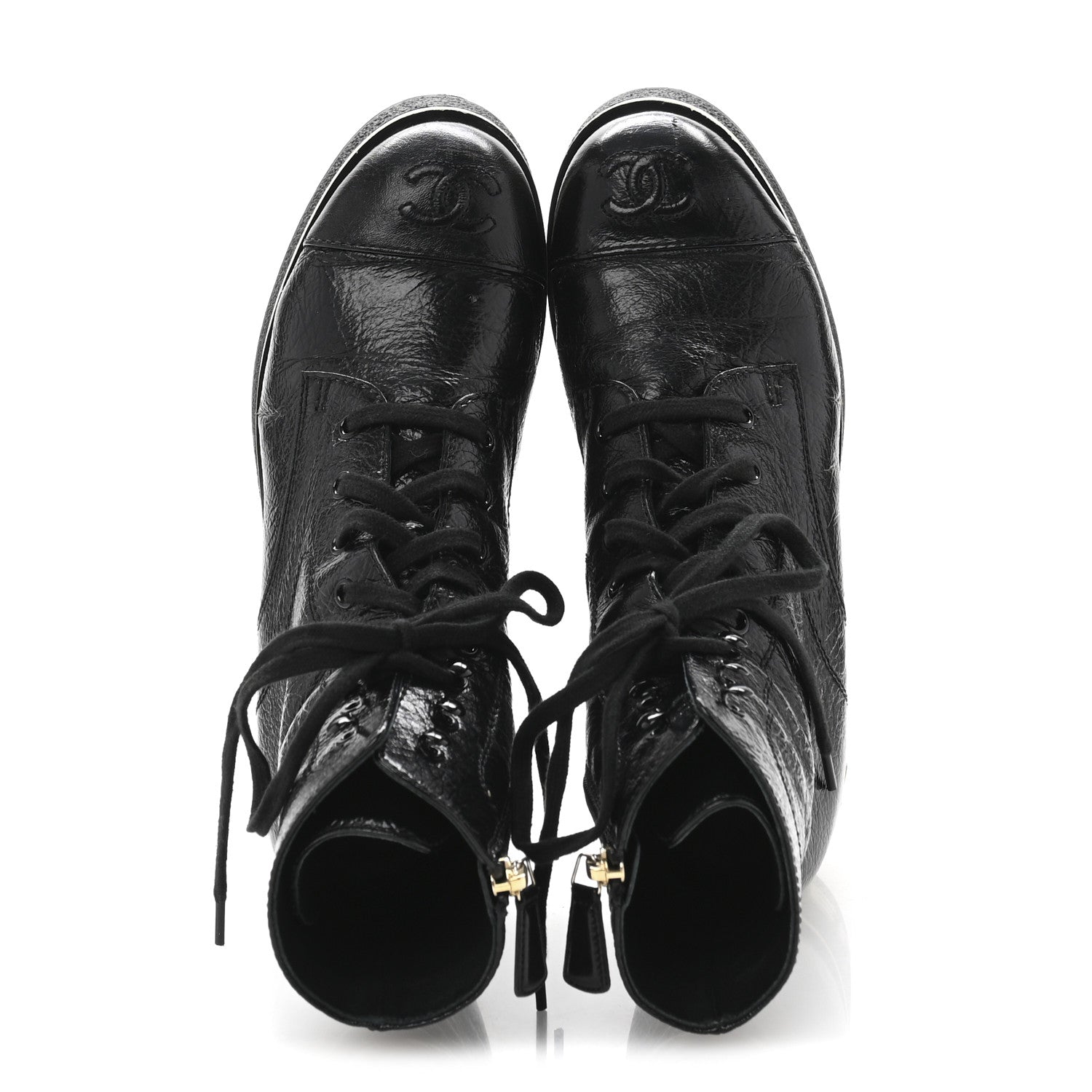 Chanel Shiny Crumpled Lambskin Lace Up Combat Boots 36.5 Black 2 of 10