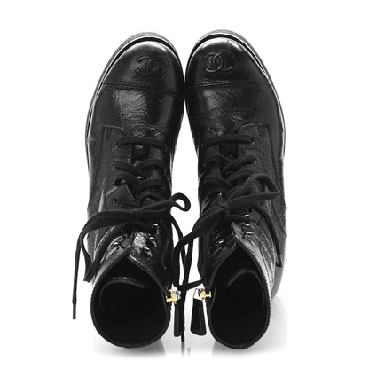 Chanel Shiny Crumpled Lambskin Lace Up Combat Boots 36.5 Black 2 of 10
