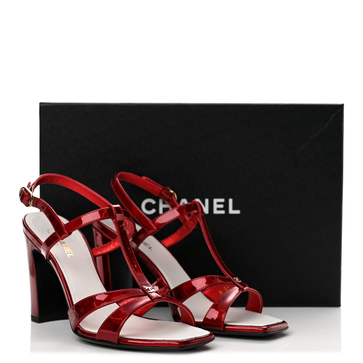 Laminated Calfskin Block Heel Sandals 37.5 Red