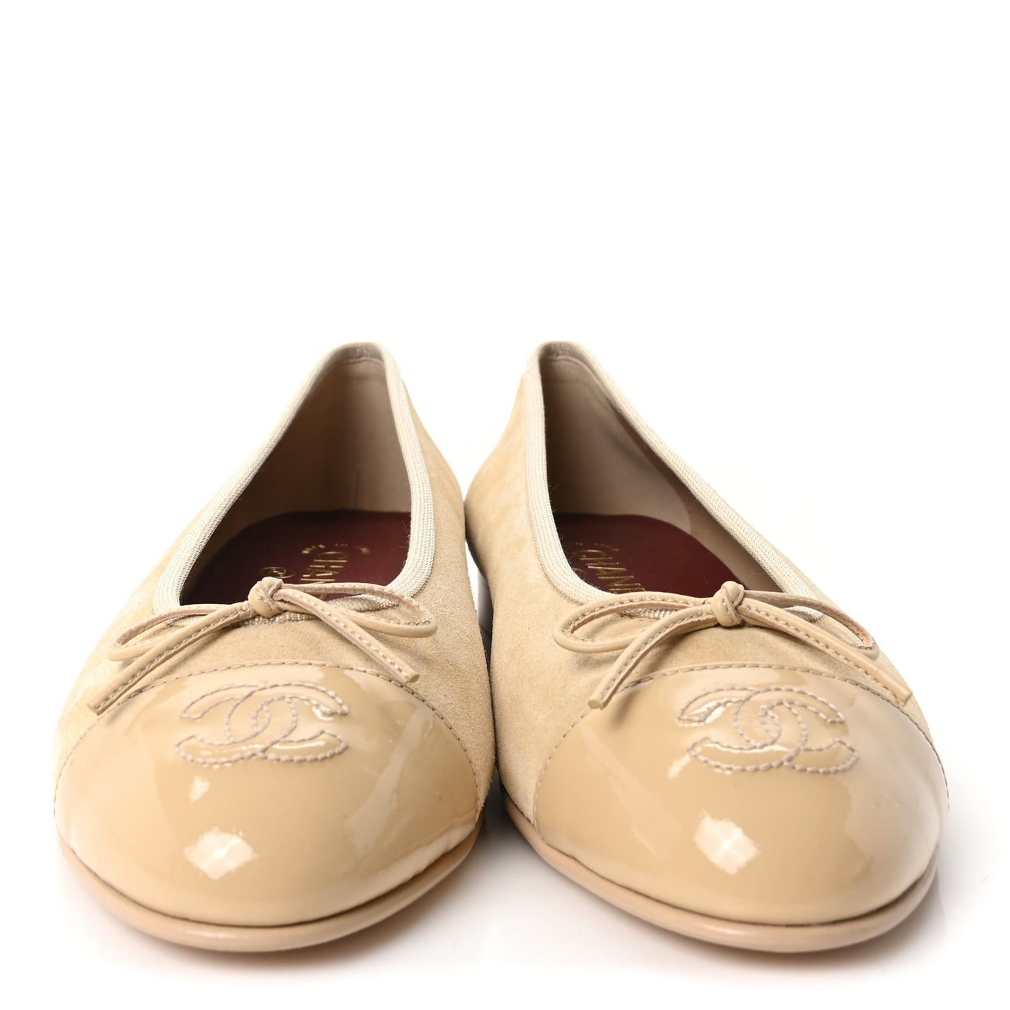Suede Patent Calfskin Cap Toe CC Ballerina Flats 41 Beige