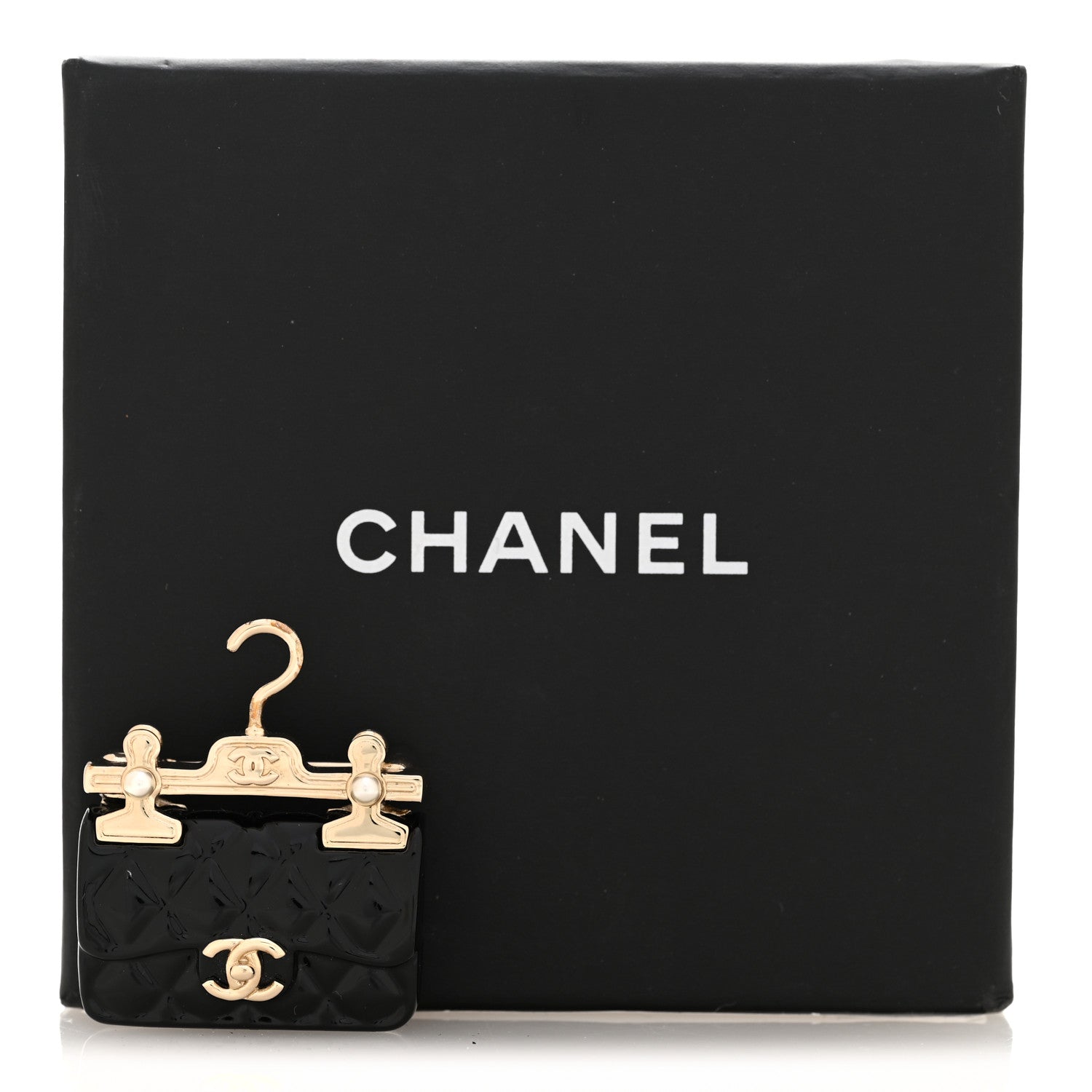 Chanel Metal Enamel Quilted Flap Hanger Brooch Gold Black 4 of 4