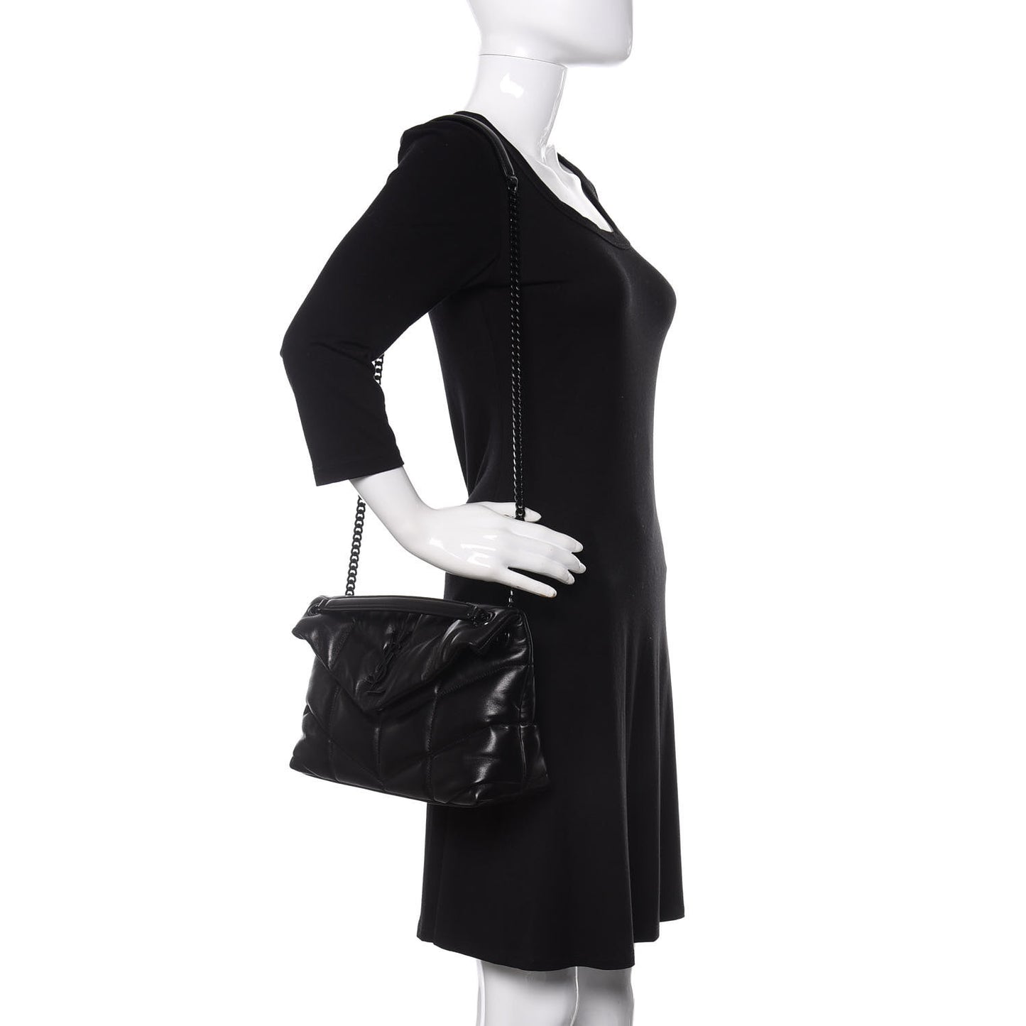 Lambskin Quilted Small Loulou Puffer Monogram Chain Satchel Black