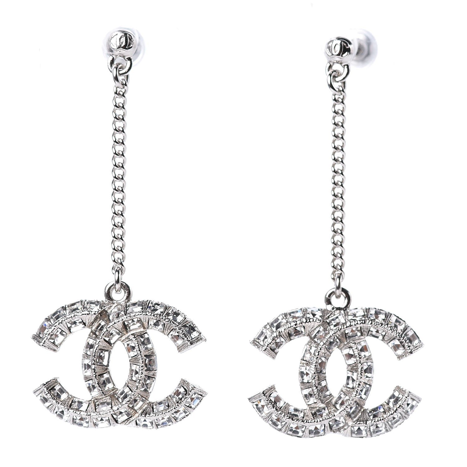 Chanel Baguette Crystal CC Dangle Earrings Silver 1 of 4