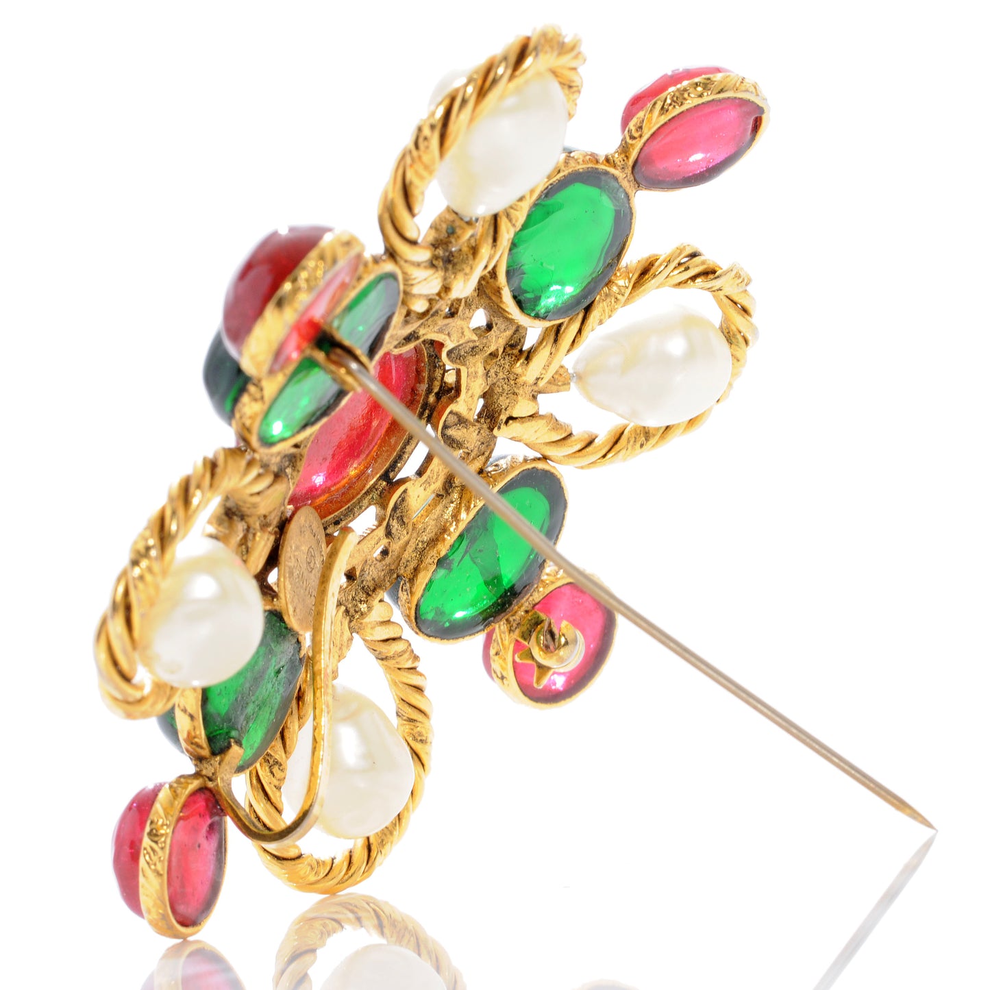 Gripoix Poured Glass Crystal Pearl Brooch Gold