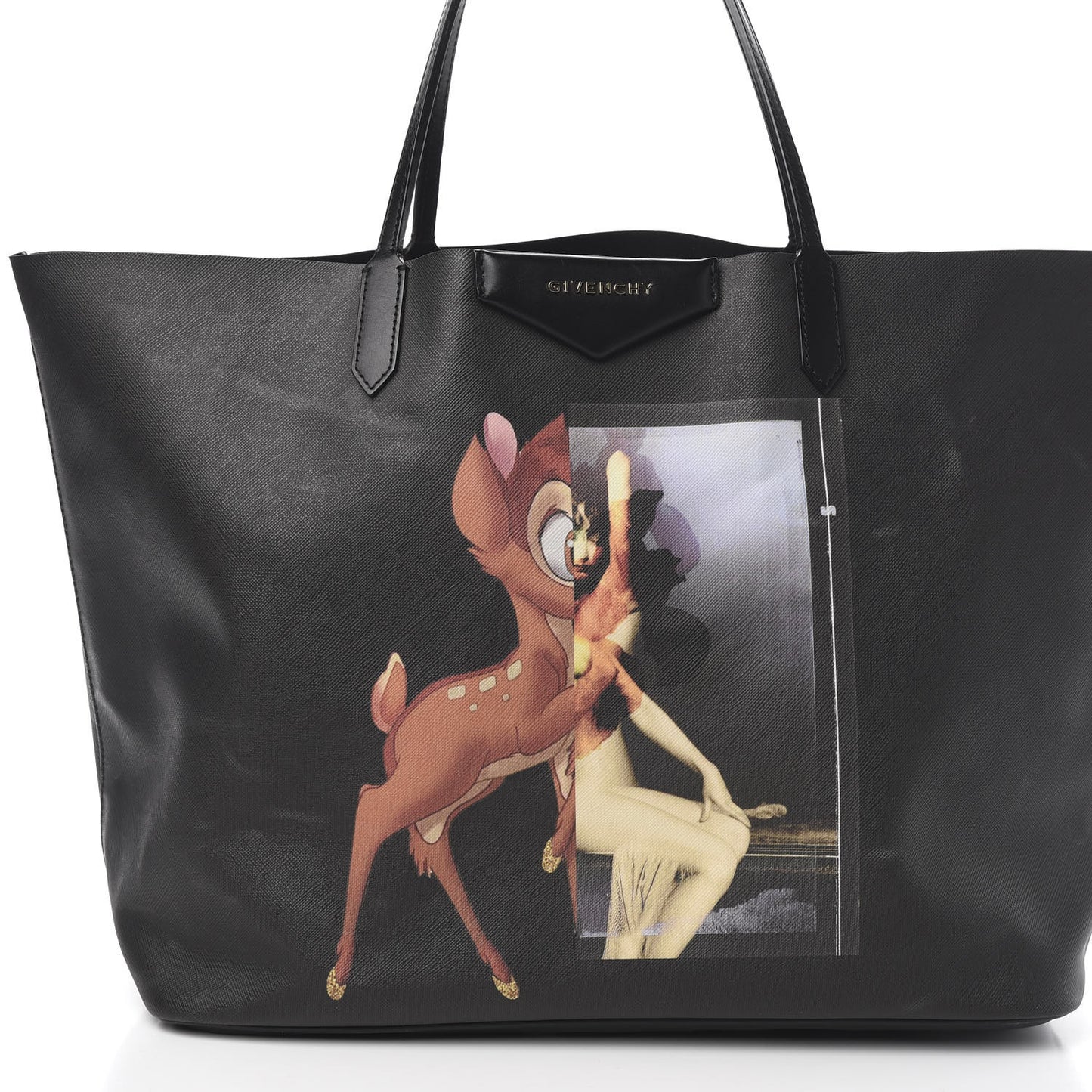 Textured Coated Canvas Bambi Print Large Antigona Tote Black