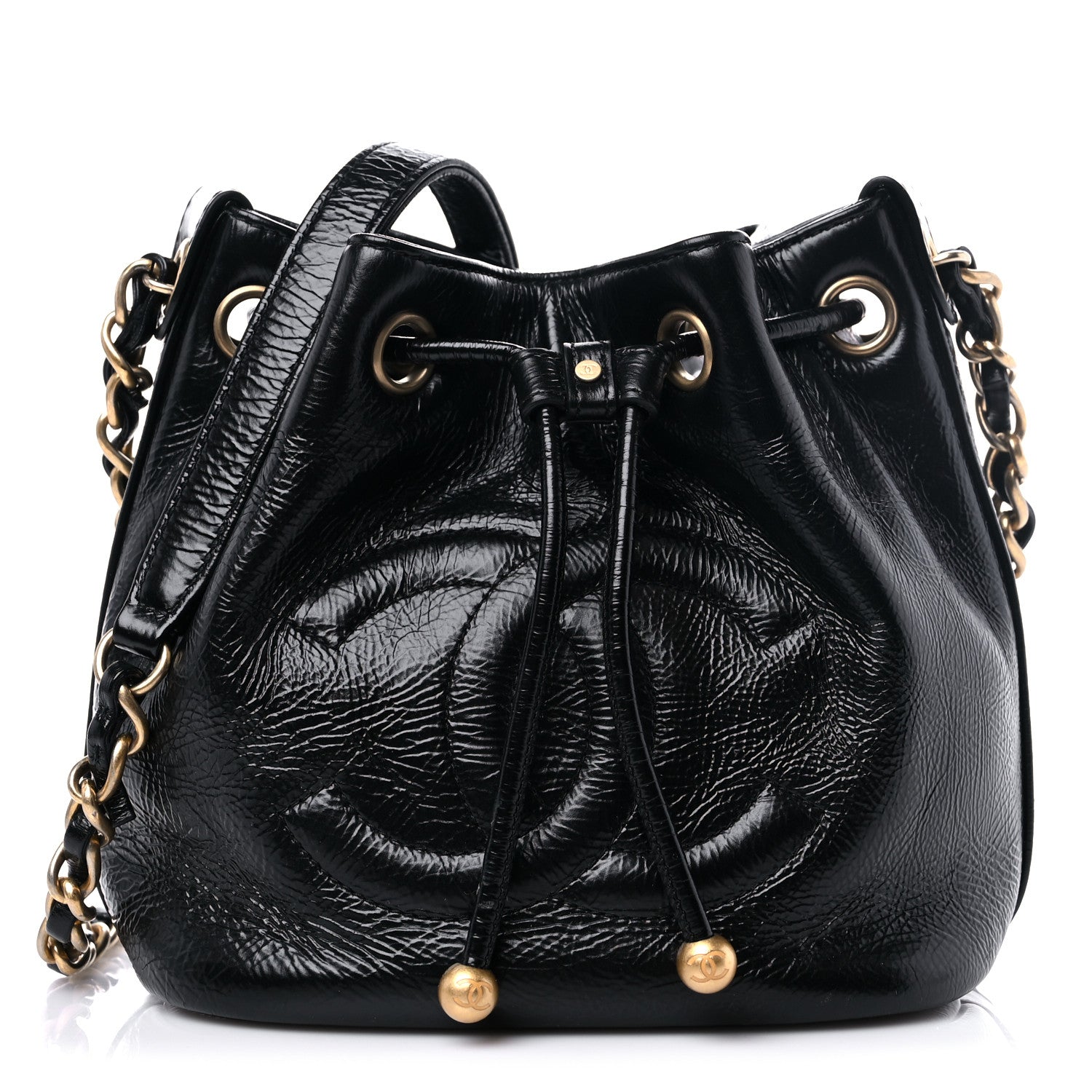 Chanel Shiny Aged Calfskin CC Chain Mini Drawstring Bag Black 1 of 11