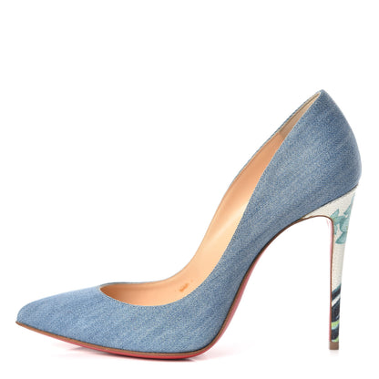 Christian Louboutin Denim Crackled Calfskin Hawaiian Print Pigalle Follies 100 Pumps 37.5 Blue White 1 of 13