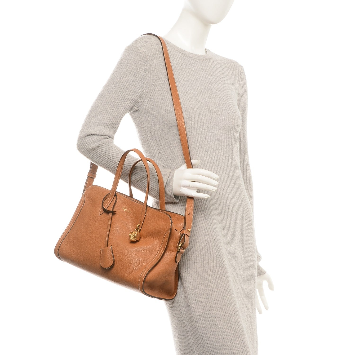 Alexander McQueen Pebbled Calfskin Small Skull Padlock Zip Around Tote Cognac 2 of 6