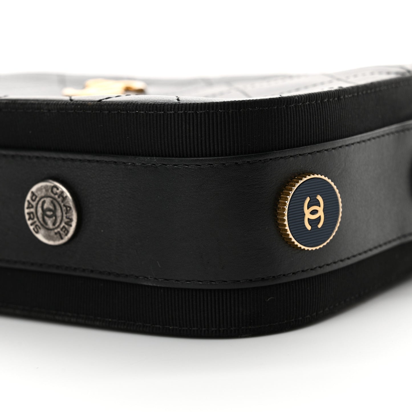Calfskin Grosgrain Stitched Button Up Camera Case Black