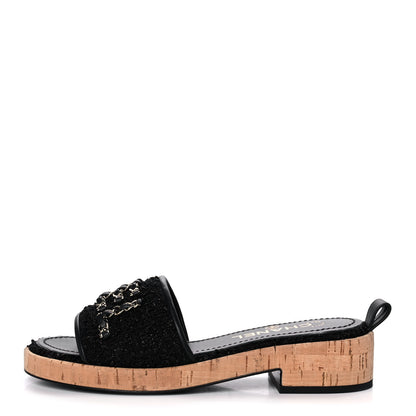 Chanel Tweed Cork CC Chain Mule Sandal 37 Black 1 of 9