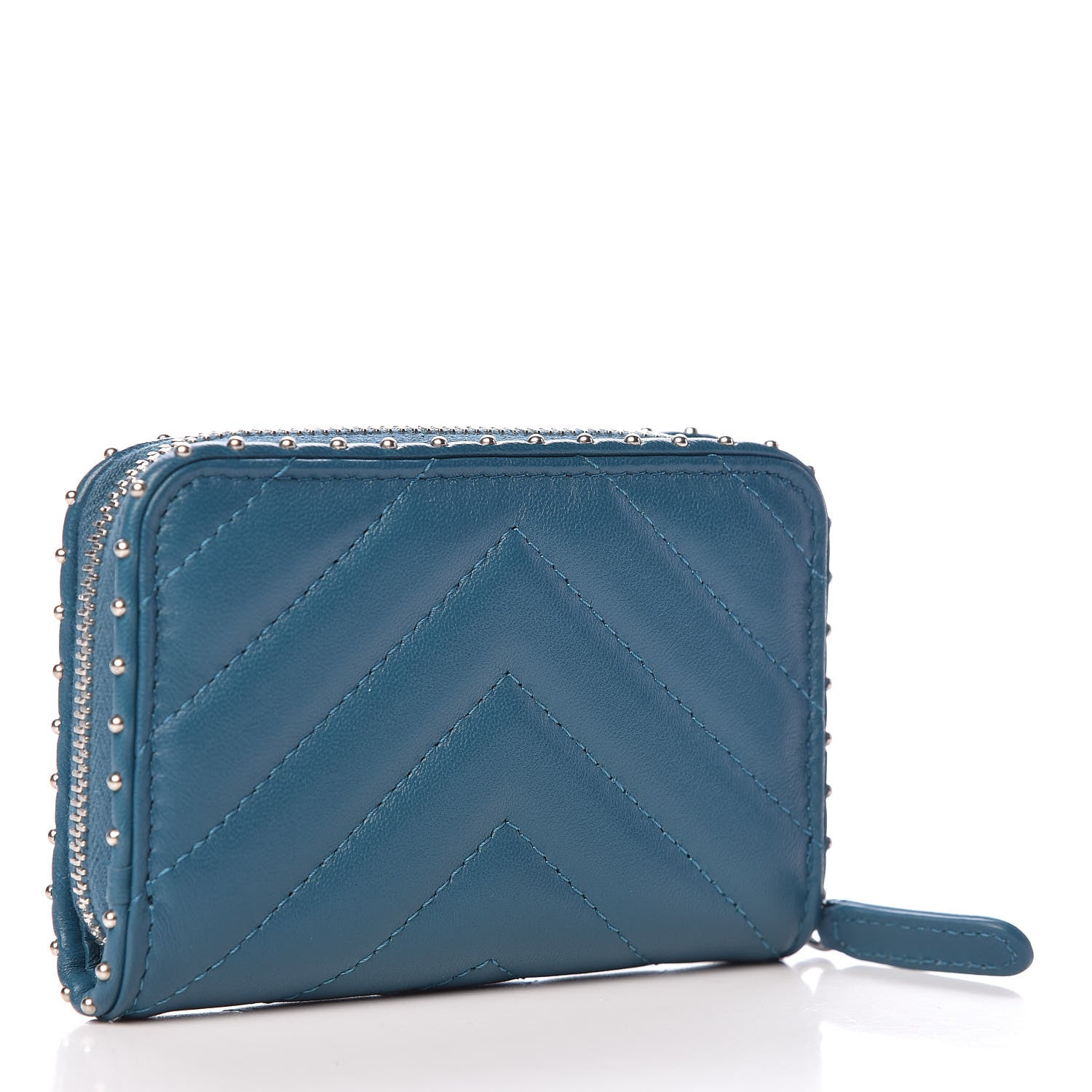 Chanel Lambskin Chevron Studded Zip Around Coin Purse Wallet Blue 3 of 8