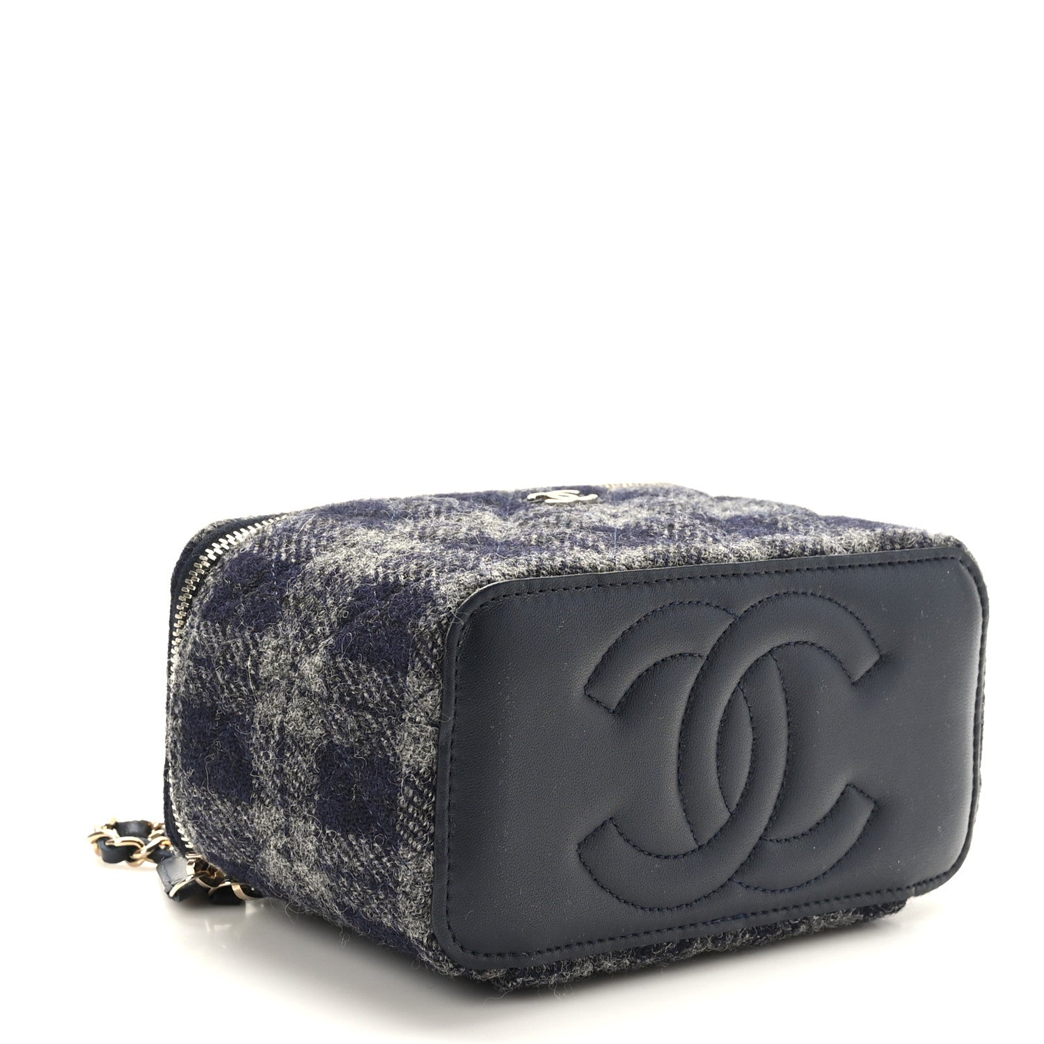 Chanel Wool Plaid Quilted Small Vanity Case With Chain Blue 3 of 10
