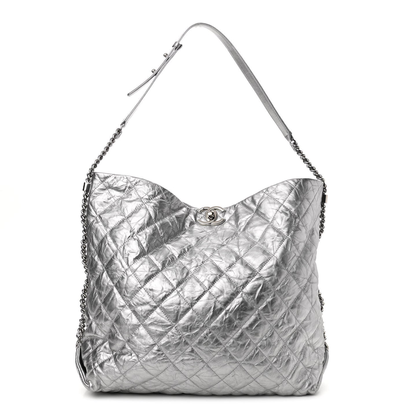Metallic Crackled Calfskin Quilted Large Big Bang Hobo Silver