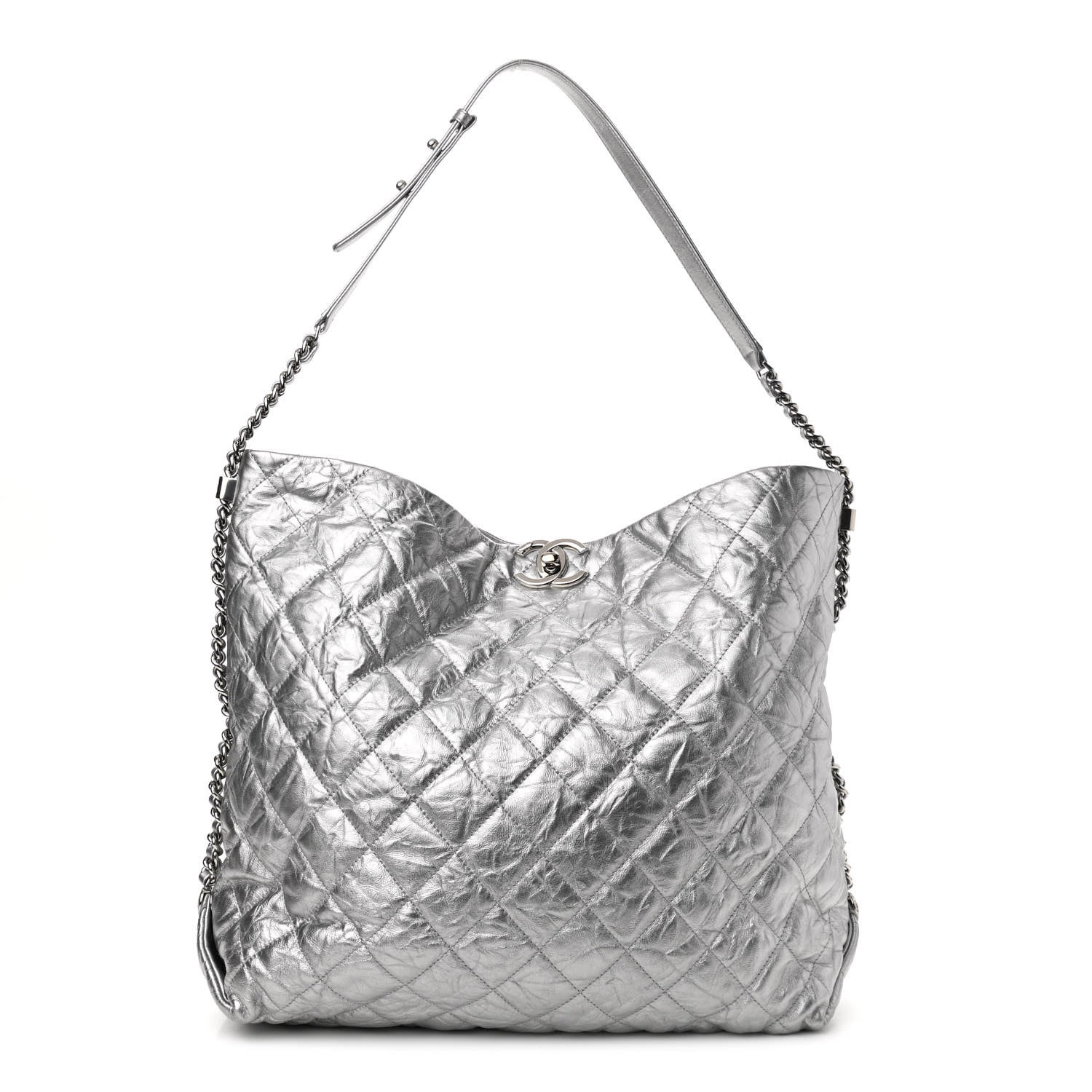 Chanel Metallic Crackled Calfskin Quilted Large Big Bang Hobo Silver 1 of 10