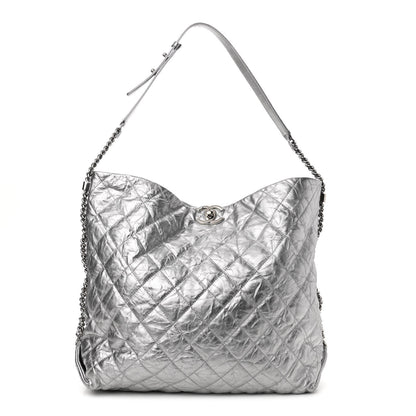 Chanel Metallic Crackled Calfskin Quilted Large Big Bang Hobo Silver 1 of 10