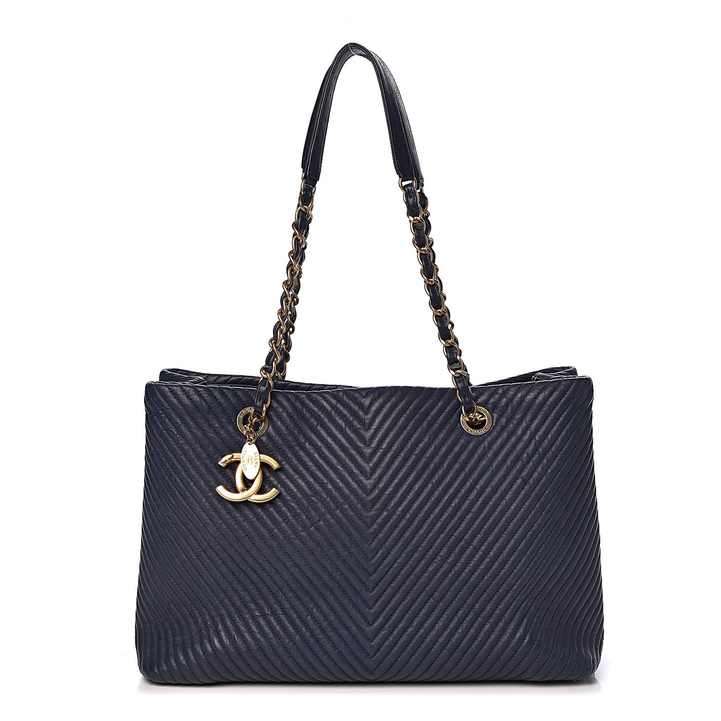 Wrinkled Lambskin Chevron Quilted Large Surpique Tote Navy Blue