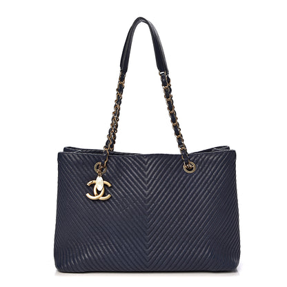 Chanel Wrinkled Lambskin Chevron Quilted Large Surpique Tote Navy Blue 1 of 10