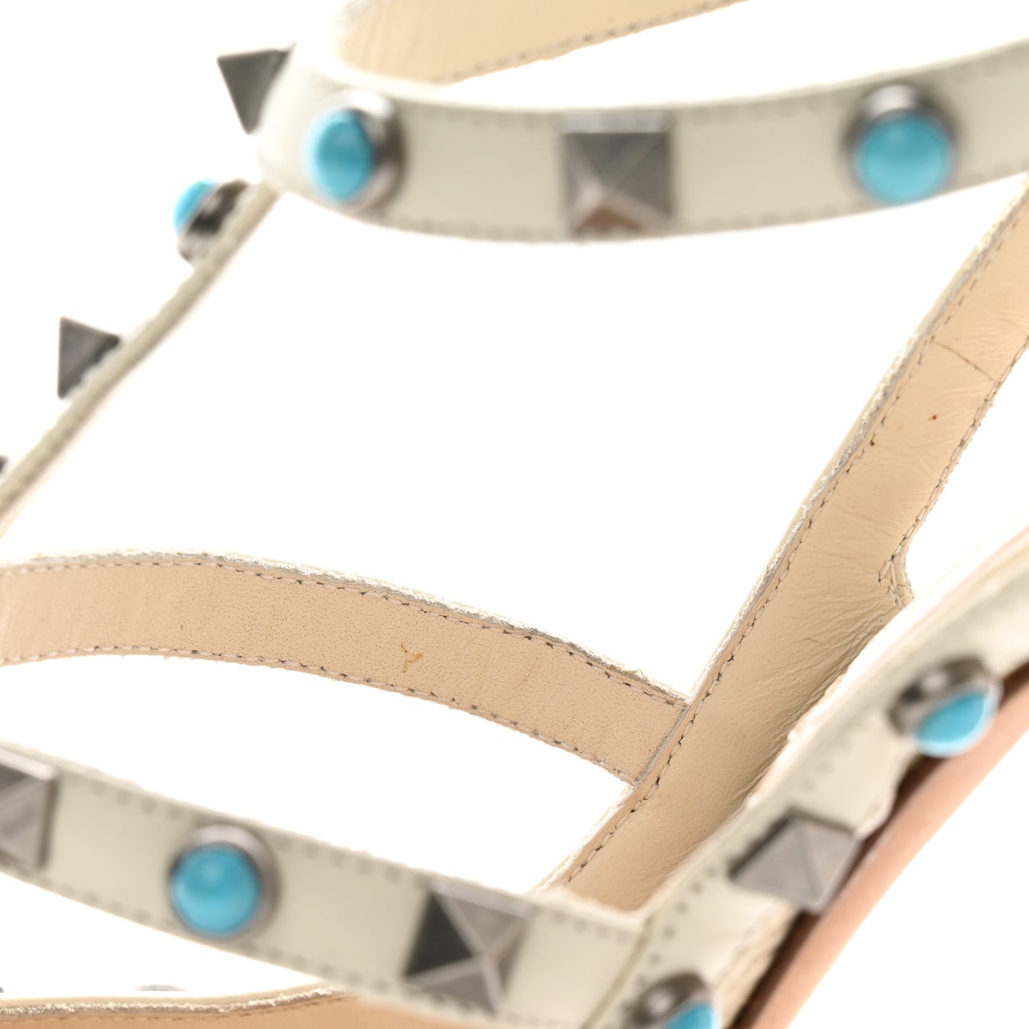 Pebbled Calfskin Turquoise Rockstud Rolling Ankle Strap 100mm Pumps 38.5 Ivory