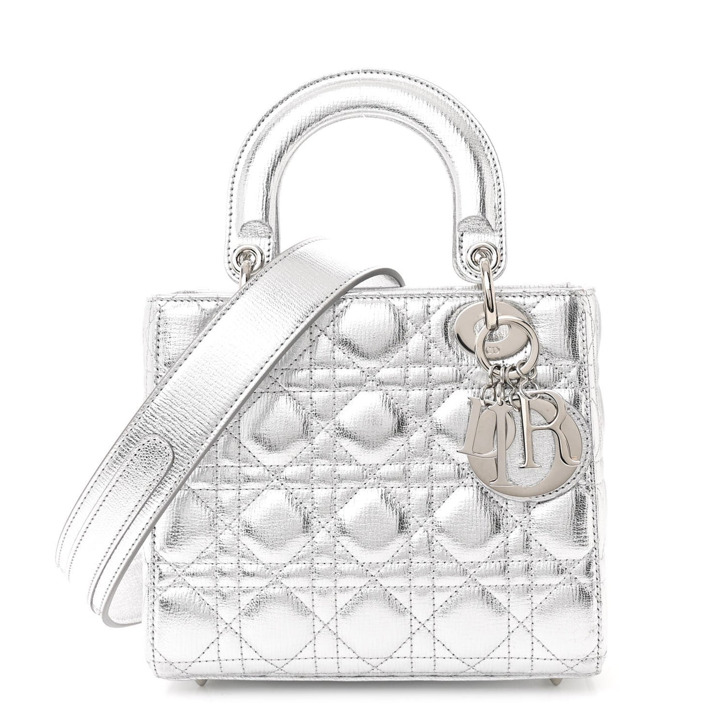 Metallic Grained Calfskin Cannage Small Lucky Badges My Lady Dior Silver