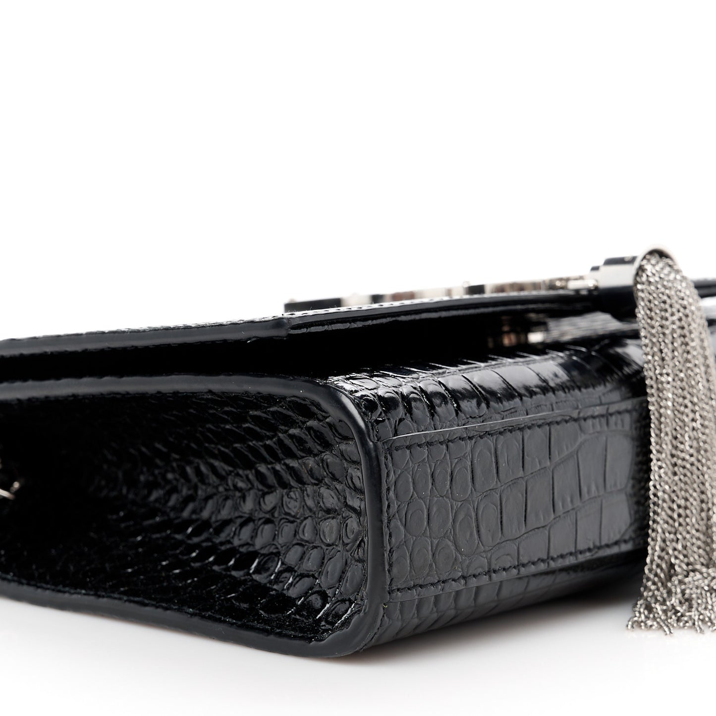 Calfskin Crocodile Embossed Small Classic Monogram Kate Tassel Satchel Black