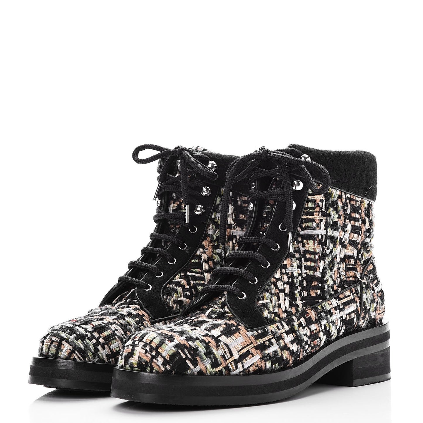 Tweed Lace Up Short Boots 38.5 Green Brown Black