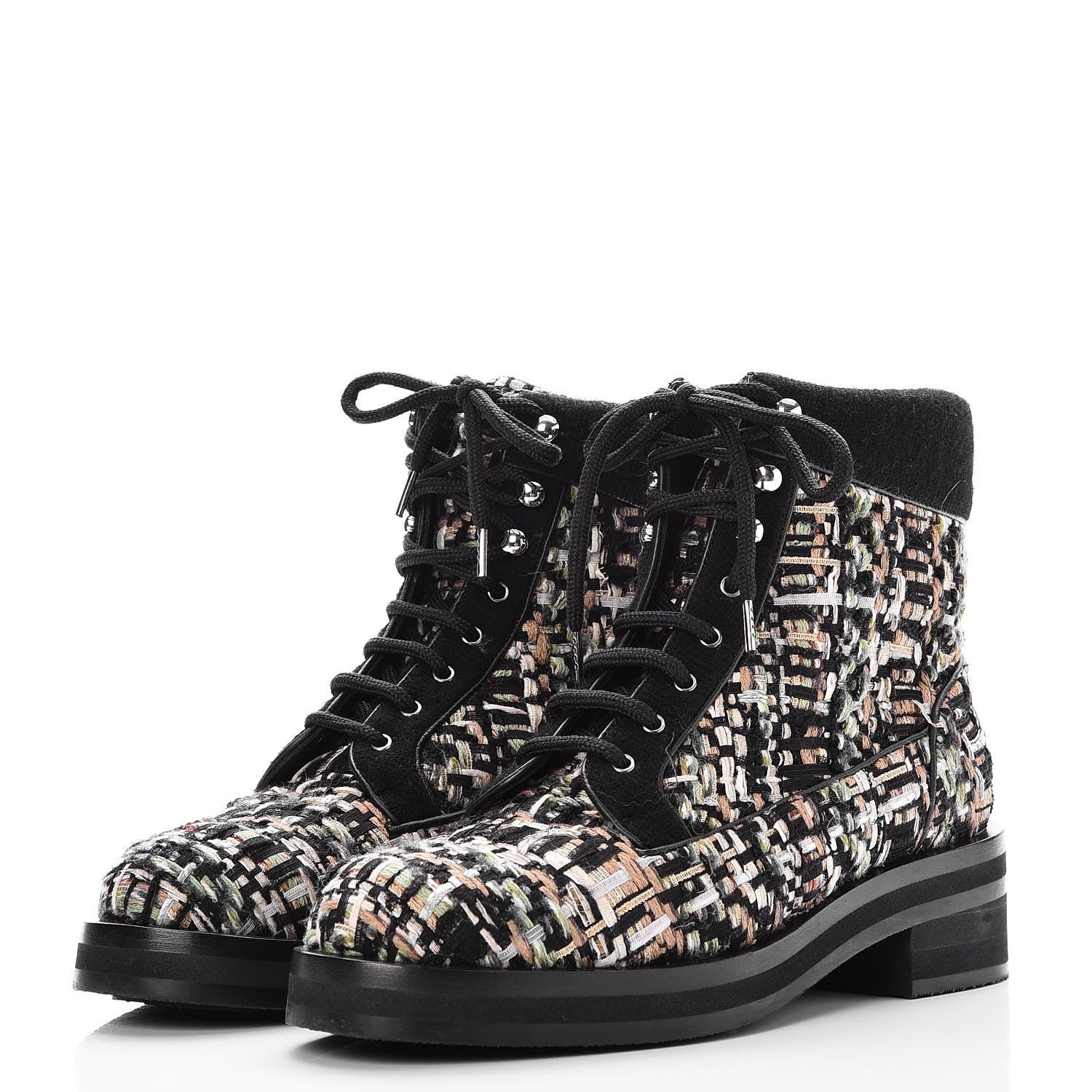 Chanel Tweed Lace Up Short Boots 38.5 Green Brown Black 3 of 10