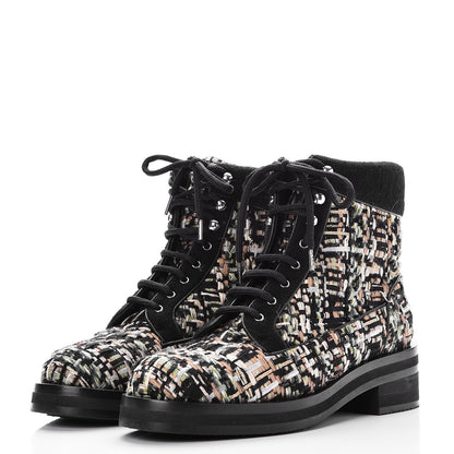 Chanel Tweed Lace Up Short Boots 38.5 Green Brown Black 3 of 10