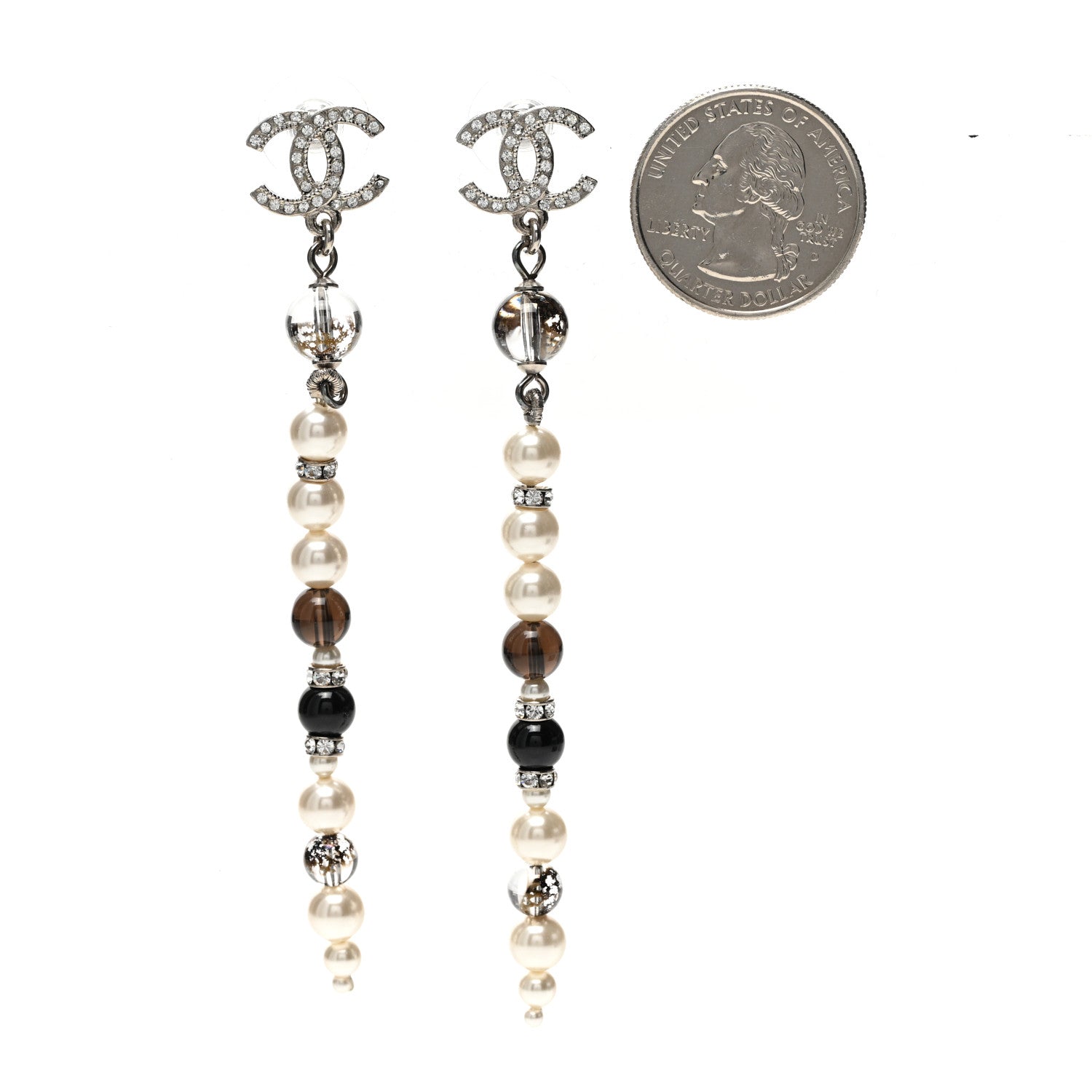 Chanel Pearl Bead Crystal CC Long Drop Earrings Black Silver 2 of 5