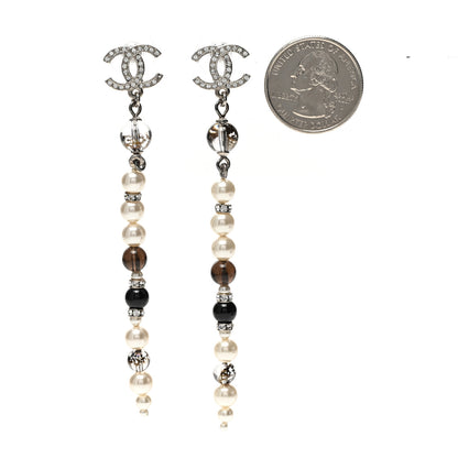 Chanel Pearl Bead Crystal CC Long Drop Earrings Black Silver 2 of 5