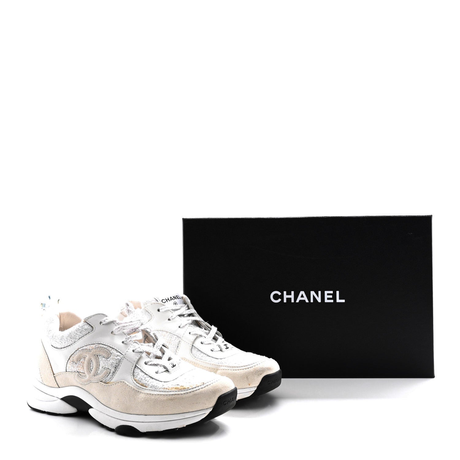 Chanel Painted Iridescent Cotton Tweed Suede Womens CC Sneakers 39