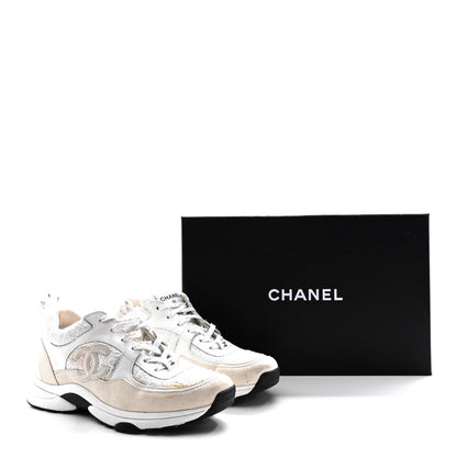 Chanel Painted Iridescent Cotton Tweed Suede Womens CC Sneakers 39 White Silver Multicolor 16 of 16
