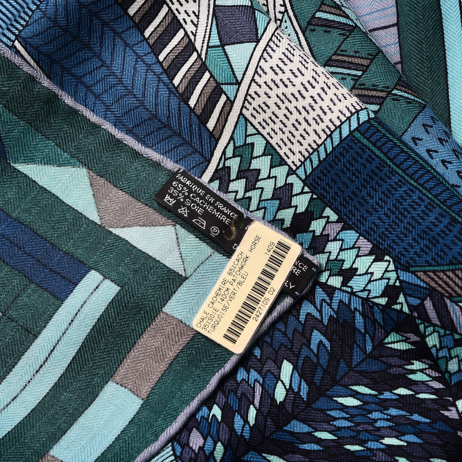 Hermes Cashmere Silk Patchwork Horse Shawl 140 Turquoise Vert Bleu 6 of 7