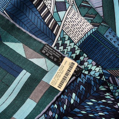 Hermes Cashmere Silk Patchwork Horse Shawl 140 Turquoise Vert Bleu 6 of 7