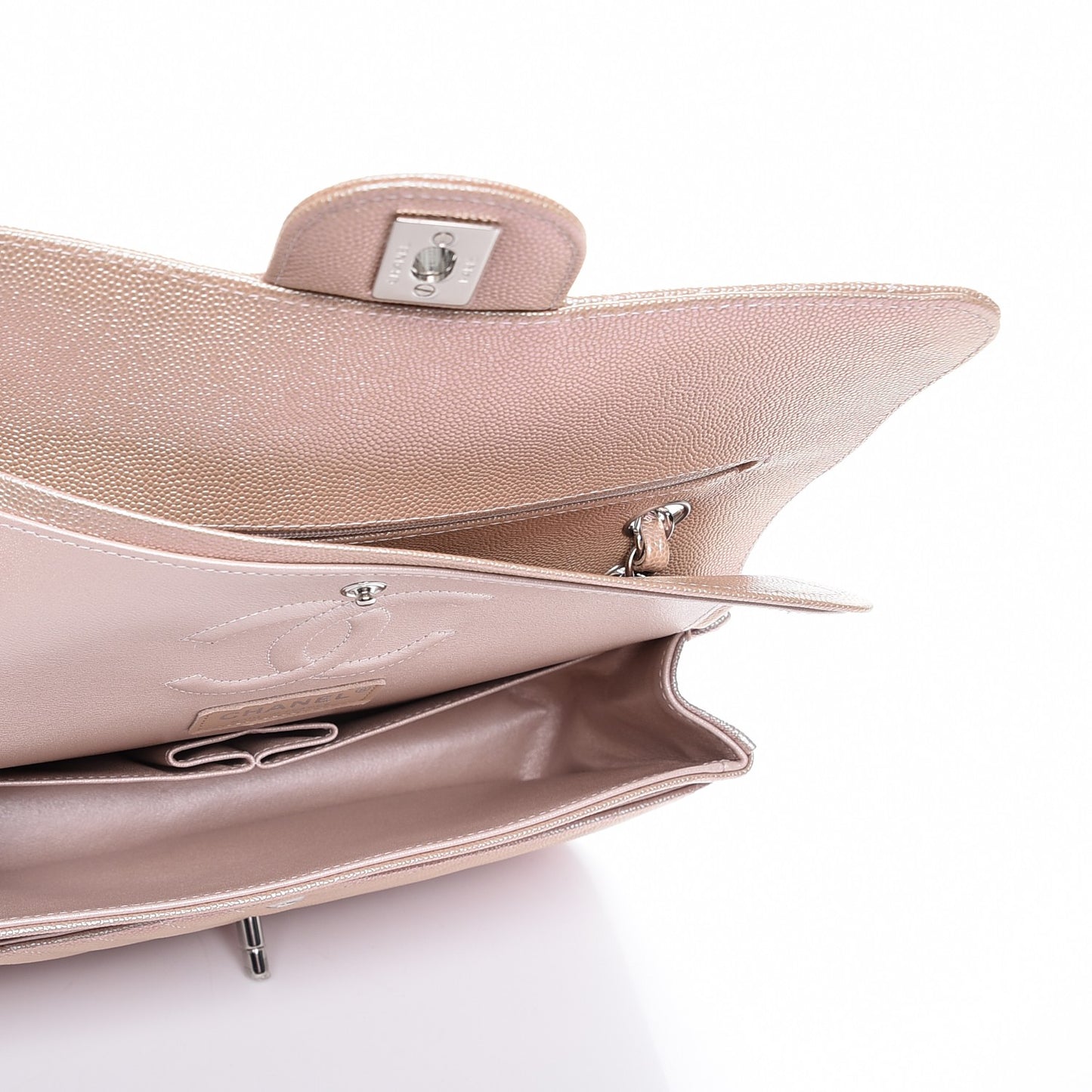 Metallic Caviar Chevron Quilted Medium Double Flap Light Gold