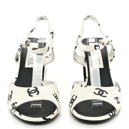 Chanel Lambskin Printed Coco Beach Sandals 37 White Black 2 of 10