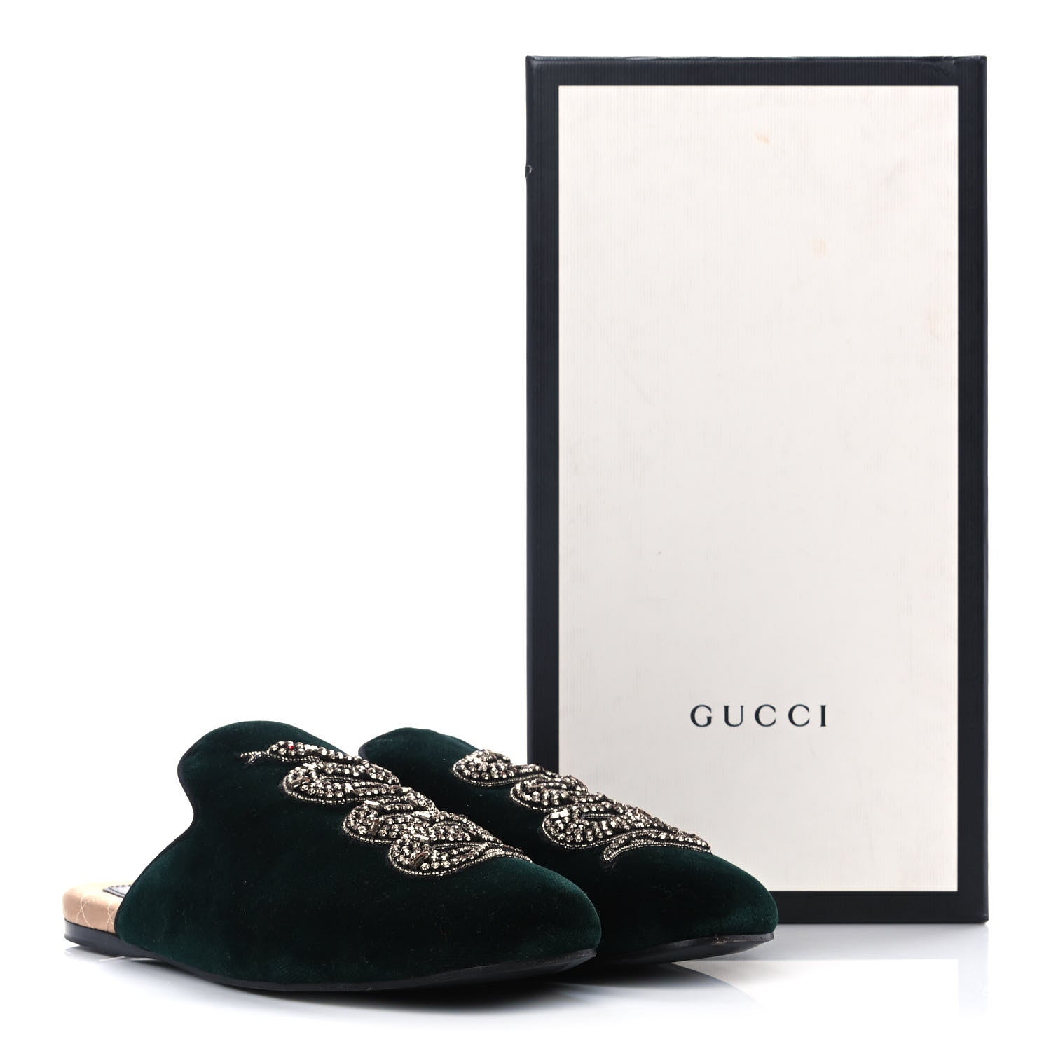 Gucci Velvet Crystal Snake Embroidered Womens Slippers 38 Dark Green 12 of 12