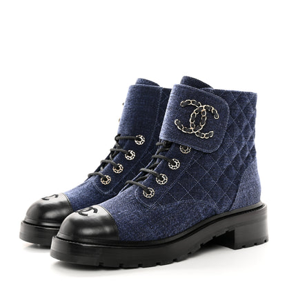 Chanel Denim Calfskin Quilted Lace Up Combat Boots 40 Blue 3 of 13