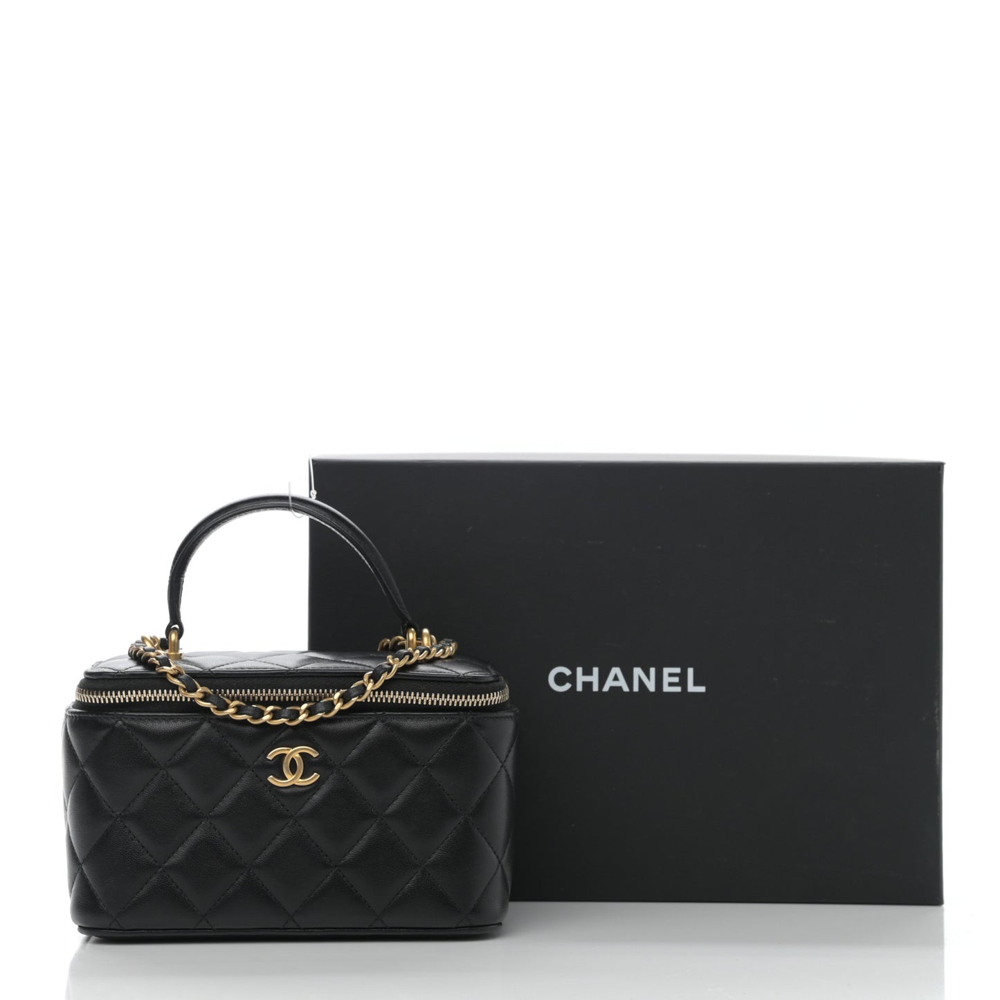 Lambskin Quilted Small Top Handle Vanity Case With Chain Black