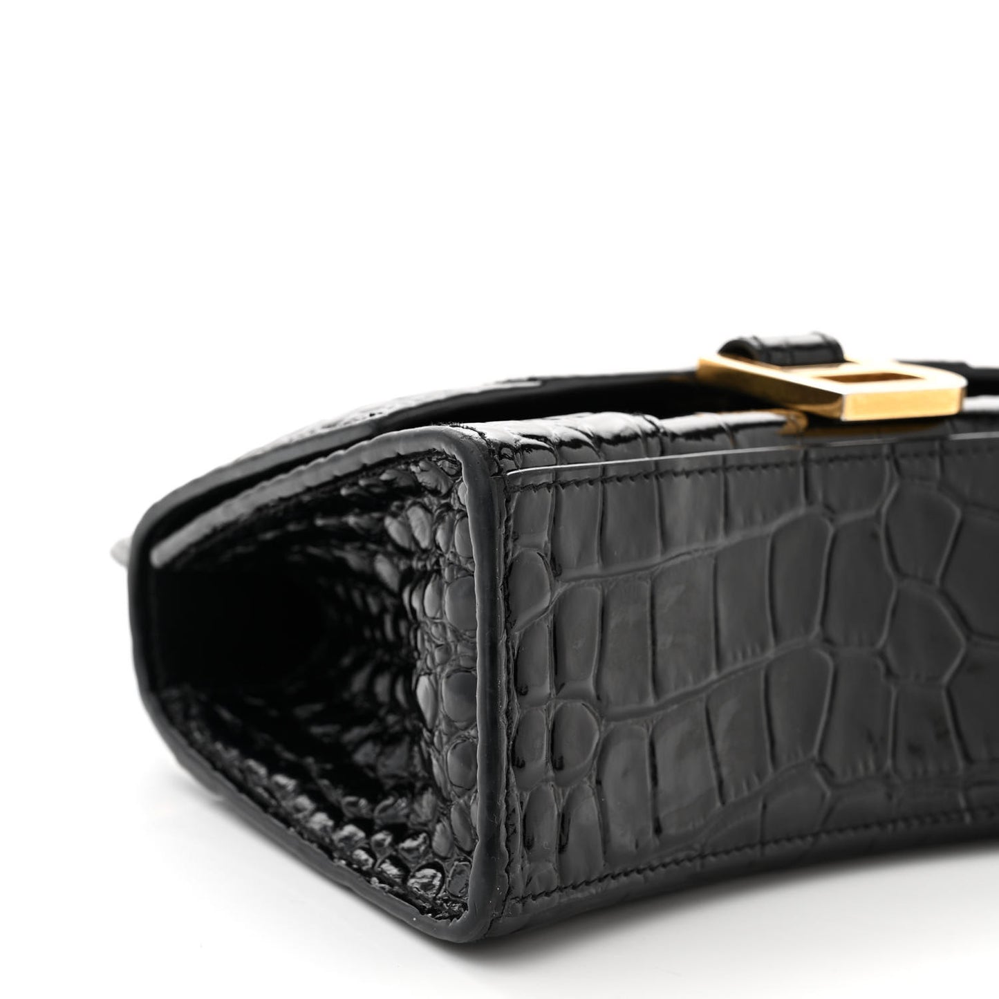 Shiny Calfskin Crocodile Embossed Hourglass Top Handle Bag XS Black