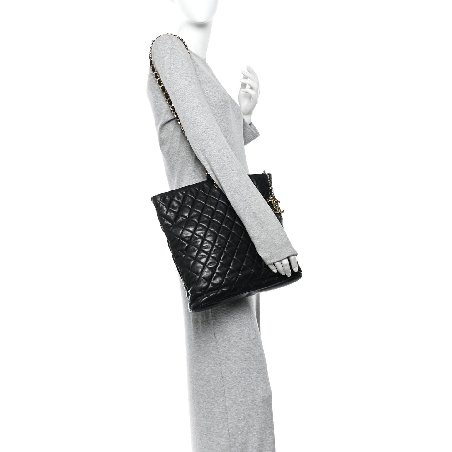 Lambskin Quilted Shopping Tote Black